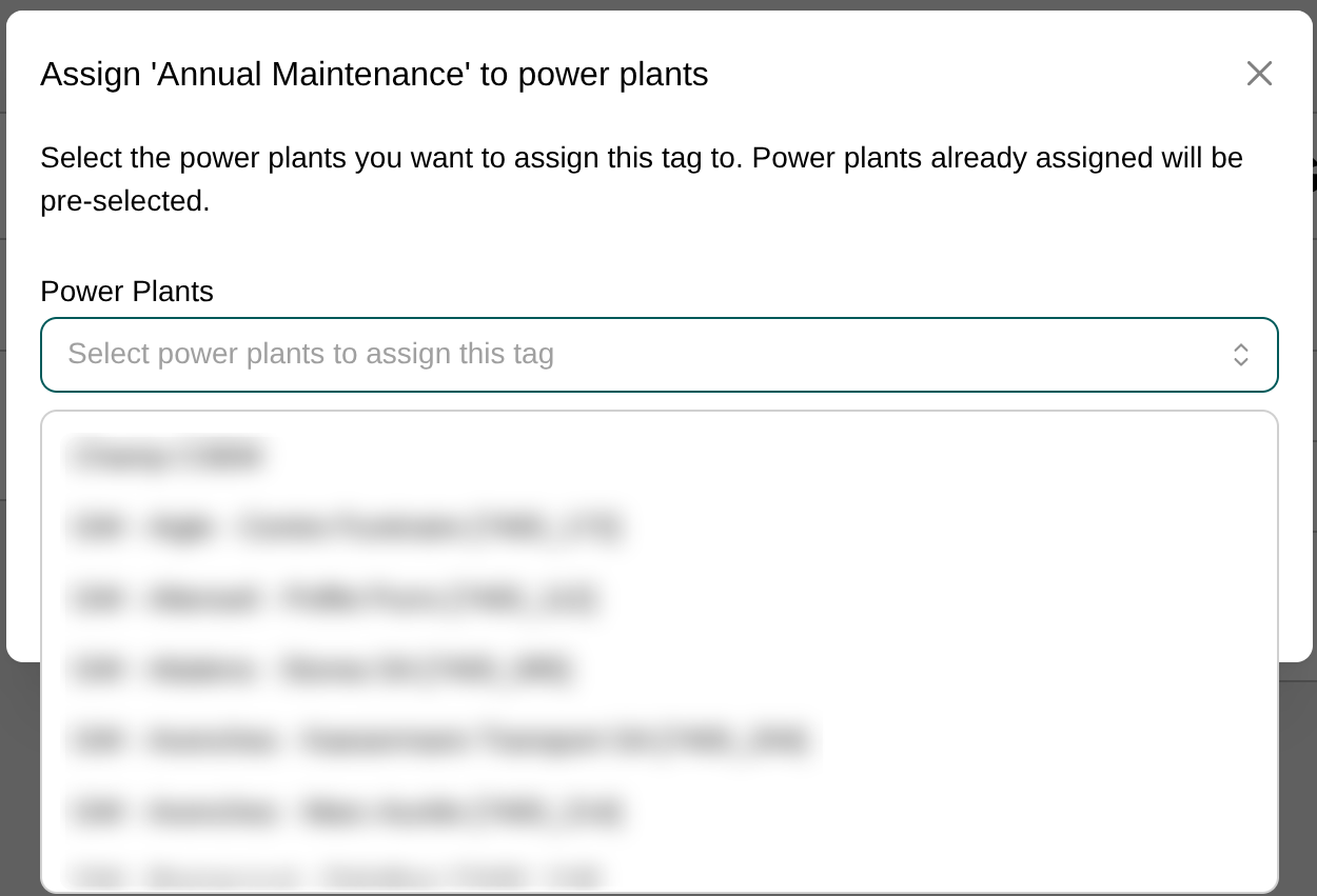 Assign tag to power plants dialog with installation dropdown
