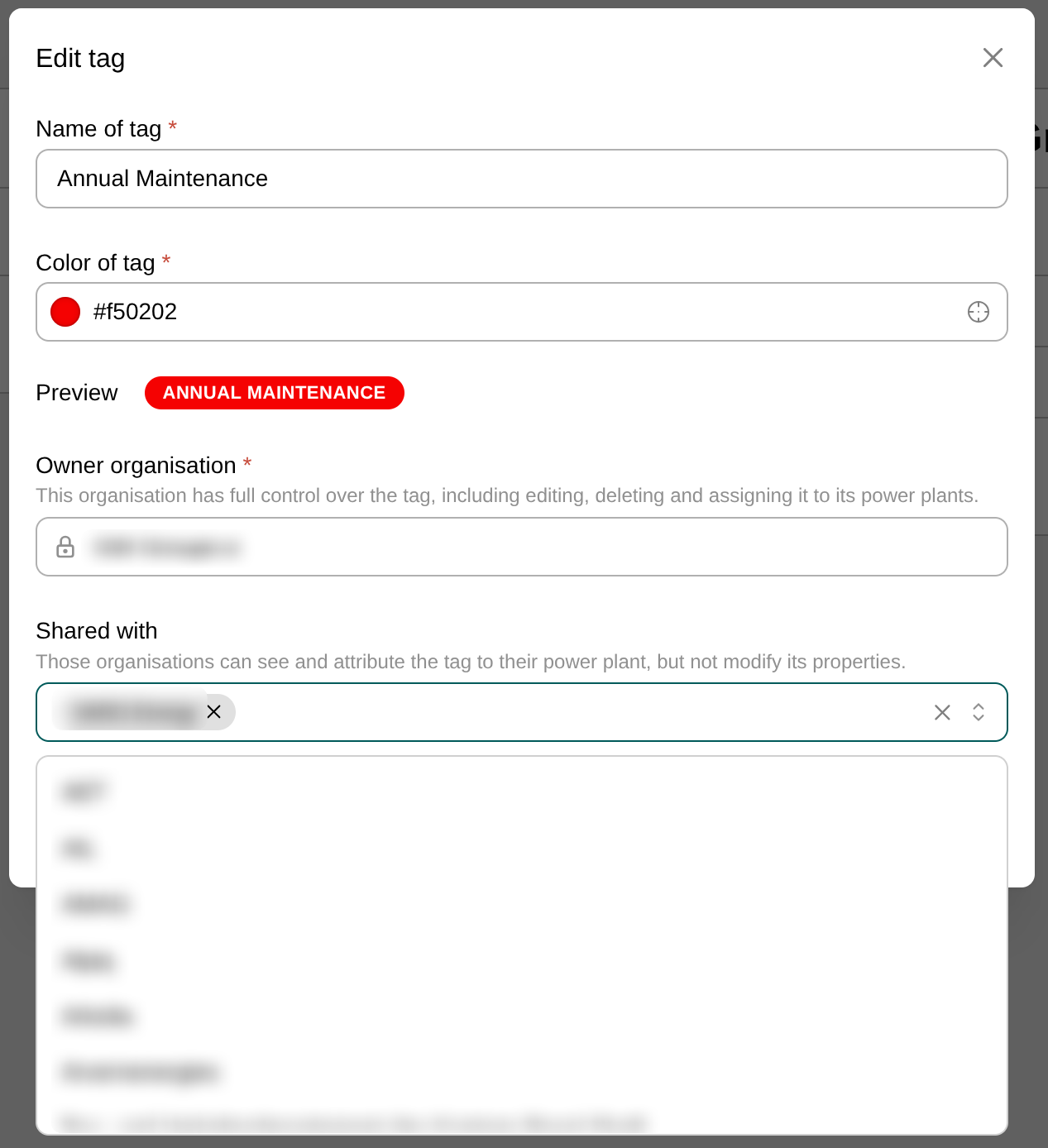 Bearbeitungsdialog mit einer anderen Organisation, die im Dropdown "Geteilt mit" ausgewählt ist